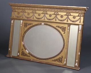 A 19th Century triple plate over mantel mirror, the central oval mirror flanked by 2 rectangular mirrors, contained a rectangular gilt plaster frame with swag decoration 86cm h x 127cm w x 8cm d 