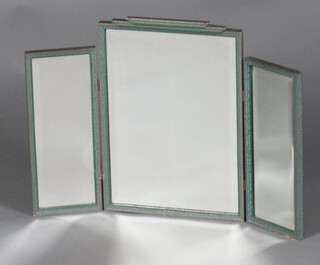 An Art Deco triple plate dressing table mirror contained in a green and blue frame 40cm x 55cm 