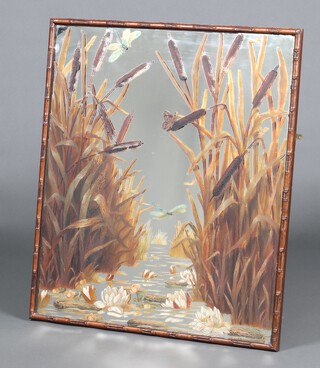 A Victorian rectangular plate mirror contained in a faux bamboo frame, the mirror painted bullrushes, water lilies and a dragonfly 83cm x 73cm 