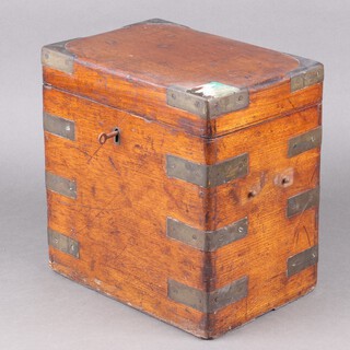 A Victorian oak and brass bound decanter/apothecaries box housing 6 Bristol blue glass bottles with clear glass stoppers 28cm h x 27cm w x 18cm d 