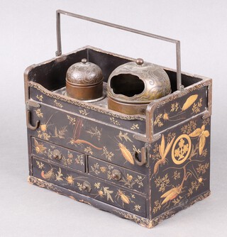 A 19th Century Japanese rectangular black lacquered writing box with carrying handles to the sides the lid fitted 2 embossed metal lidded receptacles, the base fitted 3 drawers  17cm h x 22cm w x 13cm d