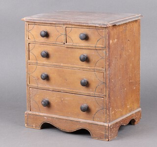 A Victorian painted pine apprentice chest of 2 short and 3 long drawers, raised on bracket feet 29cm h x 26cm w x 18cm d 