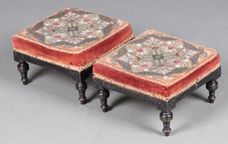 A pair of Victorian square ebonised footstools with bead work upholstered seats, raised on turned supports 18cm h x 25cm 