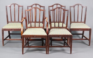 A set of 6 19th Century mahogany stick and rail back dining chairs - 1 carver, 5 standard chairs with upholstered drop in seats, raised on square tapered supports with H framed stretchers  93cm h x 55cm w 