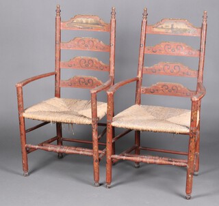 A pair of 19th Century Dutch painted pine ladder back carver chairs with woven rush seats, raised on turned supports 109cm h x 58cm w x 48cm d  