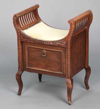 An Edwardian carved mahogany piano stool with fall front 68cm h x 50cm w x 35cm d 