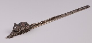 A silver paperknife in the form of an ear of corn with mouse London 1990, 57 grams 
