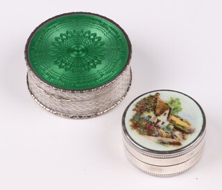 A 1930's Continental engine turned silver and green guilloche enamelled powder box with hinged lid and mirrored interior (scratch to the enamel) 4cm, together with a silver jar and cover the enamelled lid decorated a cottage scene Birmingham 1983 3cm