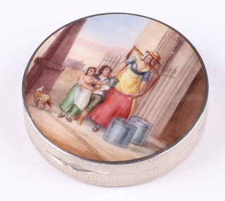 A Continental silver and enamelled pill box with parcel gilt interior, the lid decorated Cries of London scene - Milkmaid, the base with pink guilloche enamel 5cm, 48 grams  
