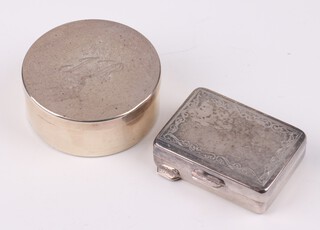 A Continental 925 silver rectangular pill box hinged lid 4cm, together with a circular pill box monogrammed J R, 4.5cm, 39 grams 