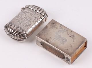 A Victorian engraved silver vesta case Birmingham 1891 by A & J Zimmerman Ltd, 5cm together with an engraved silver match box decorated a standing stag, Birmingham 1854 by Deakin & Francis, gross weight 37 grams 