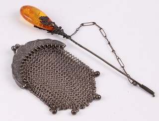 A lady's marked 900 chain mail evening purse 26cm, together with a posy pin with "amber" terminal 