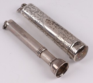 An Edwardian engraved silver cheroot case Birmingham 1908 by A Bromet & Co. together with a silver cigar drill Birmingham 1955, 33 grams 