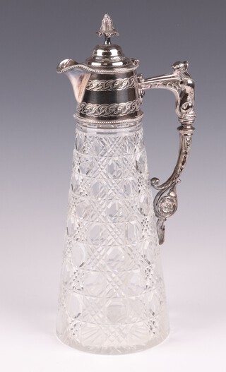 A cut glass claret ewer with silver plated mount 27cm 