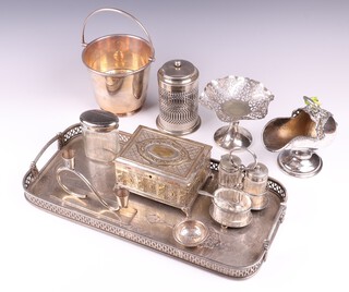 A rectangular silver plated galleried bottle tray 45cm, ditto ice pail with swing handle, Britannia metal sugar scuttle spoon and other items of silver plate 