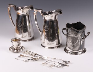 A pair of Mappin & Webb silver plated hotel ware lemonade jugs marked Blue Star Line, a Britannia metal twin handled soda siphon holder and a small collection of silver plated items 