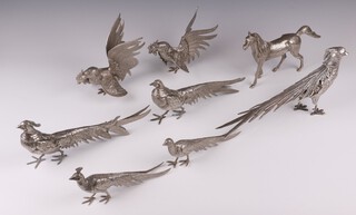 A silver plated table model of a standing horse 17cm, 2 ditto cockerels 13cm, 4 pheasants and a peacock 