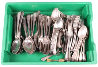A  quantity of Old English pattern silver plated flatware comprising 18 table spoons, 19 dinner forks, 12 dessert spoons, 16 dessert forks, all monogrammed R (65) and other items of plated flatware 