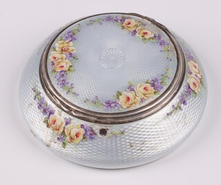 A 1930's Continental 925 silver and enamelled powder puff with hinged lid