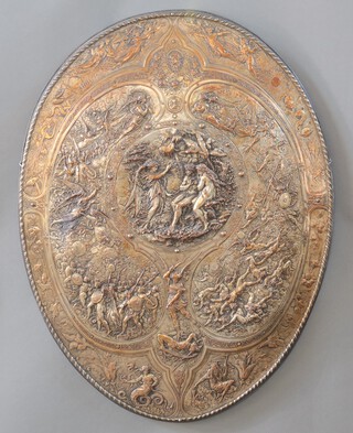 A Milton Shield, by Elkington & Co, after Morel Ladeuil (1820-1888), the electroplated shield of oval form with rope twist border, the panels embossed with scenes from "Paradise Lost", the central plaque depicting the Archangel Raphael telling Adam and Eve of the war in heaven, engraved "Morel Ladeuil Fecit 1866 Elkington & Co", approx 84.5cm x 64.5cm