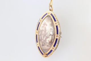 An oval pendant/brooch depicting a lady and gentleman, contained in a yellow gold, testing as 14ct and blue enamelled oval mount, with safety chain to the reverse 