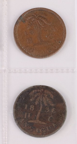 Two copper farthing coins issued by the British Administration of Antigua and Barbuda, 1836. Grade VF. KM Tn1.