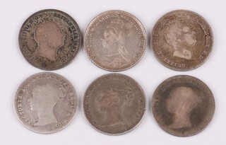 Six GB Queen Victoria sterling silver four pence coins, various dates. Grade F-VF. S.2913