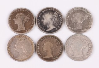 Six GB Queen Victoria sterling silver four pence coins, various dates. Grade F-VF. S.2913