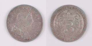 An 1809 sterling silver 3 Guilder coin for Essequibo and Demerary (now Guyana). Grade F. KM8