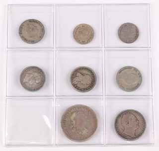 A collection of sterling silver coins for Demerary and Essequibo (now Guyana). 1816-1836, values from one-eighth to one Guilder. Grade F-VF