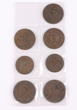 Three copper penny tokens, 1838, Trade and Navigation, used in the Americas; and Four copper coins, 1813, for Essequibo and Demerary (now Guyana), two half stivers and two stivers. Grade F-VF. KM9,10a