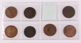 A collection of Sussex 1794 half penny copper tokens. Chichester, Dally; Brighton (Army) Camp; Eastbourne, Fisher Library; Winchelsea, Richard Maplesden; Brighthelmstone (Brighton), W. Mighell; Northiam, Gilbert; a joint token for Chichester (Chaldecott) and Portsmouth (Sharps). Grade F-VF