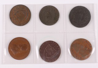A collection of Sussex 1794 half penny copper tokens. Lamberhurst (Kent/Sussex), T.Gibb; Brighton (Army) Camp; Sussex beach boat, James Tebay; Brightelmstone (Brighton), W. Mighell; Sussex hops, I.Foster; a joint token for Chichester (Chaldecott) and Portsmouth (Sharps). Grade F-VF
