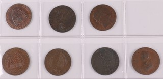 A collection of Sussex 1794 half penny copper tokens. Lamberhurst (Kent/Sussex), T.Gibb (two types); Brighton (Army) Camp; Sussex beach boat, James Tebay; Northiam, Gilbert; Sussex society, John Poplar; a joint token for Chichester (Chaldecott) and Portsmouth (Sharps). Grade F-VF