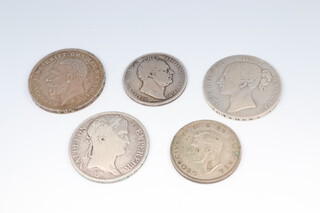 A collection of silver crowns and half crowns to include Victoria 1884 crown, Napoleon I 1812 five francs, a George V 1935 Jubilee crown, a George III 1836 half crown, a George VI 1941 half crown, a George V 1929 florin, a 1927 Australia florin and a collection of thruppences 