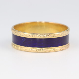A yellow gold, testing as 18ct and blue enamelled ring, size V, 4.4 grams  