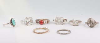 Five silver dress rings set cubic zirconia and other stones, sizes K, K, K, O 1/2 and O 24.9 grams and 3 other rings 
