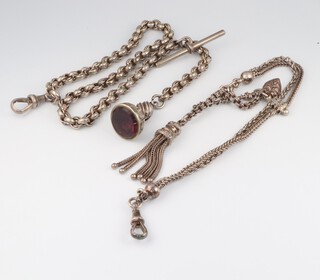 A silver Langtree watch chain 17cm and a silver belcher link ditto 30cm hung an amethyst coloured seal, gross weight 47.1 grams 