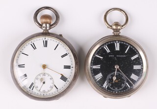 Burnsdean 609 Commercial Road London, a silver cased open faced key wind pocket watch with enamelled dial, Roman numerals, subsidiary second hand, the movement numbered 87067, London 1901 (currently running), together with a John Walker 76 The Strand, a Continental silver cased open face key wind pocket watch with black dial, Roman numerals, subsidiary second hand (currently running, no key) 