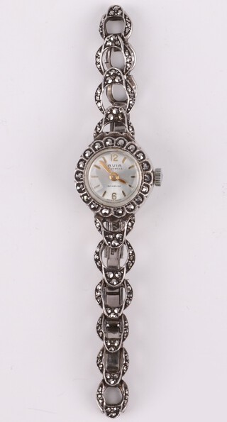 A lady's Avia cocktail wristwatch with circular silvered dial, contained in a silver and marcasite case 