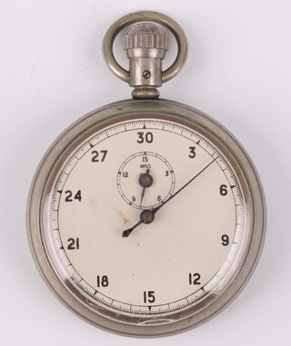 A military issue keyless stop watch with paper dial, Arabic numerals, the reverse with broad arrow, 1/10 SEC VC/2534 and 5879 