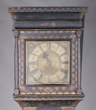 Joseph Elford of Lymington, an 18th Century single handled 30 hour longcase clock with bird cage movement, the 25.5cm dial with gilt spandrel, Roman numerals, complete with pendulum and weight, no bell, contained in a painted case 194cm h  