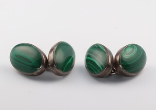A pair of 925 silver oval cufflinks set malachite 