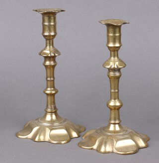 A pair of 18th Century brass petal base candlesticks 20cm 