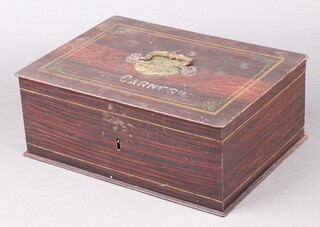 A 19th Century rectangular mahogany strong/cash box with painted woodgrain effect and hinged lid marked Carnegie 13cm x 36cm x 26cm, complete with 2 keys