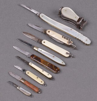 A 2 bladed folding pocket knife with corkscrew marked Made in Germany, with mother of pearl effect grip, a folding knife the blade marked HBA with tortoiseshell effect grip 4cm, 1 other with B Company mark and mother of pearl grip 7cm, 6 folding knives and a pair of toenail cutters with mother of pearl mount