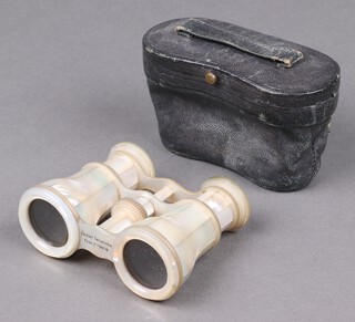 Hirsch & Company, a pair of mother of pearl mounted opera glasses marked Fanny Thomson February 7th 1874, in carrying case 
