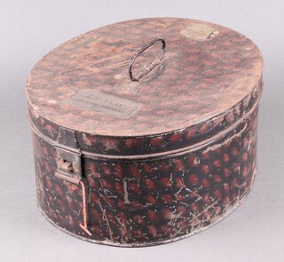 Jones & Company, Army Outfitters, 6 Regents, Palmall, a Victorian oval pressed metal military hat box marked L P Clay Yorkshire Dragoons, Captain Lionel Pilleau Clay was killed in action at Templeux la Fosse on 18th February 1918.  17cm x 29cm x 36cm 