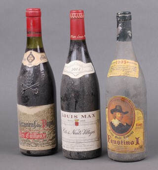 A 750ml bottle of 1986 Andre Brunel Les Cailloux Chateauneuf-du-Pape red wine, a 75cl bottle of 2014 Louis Max Cote de Nuits-Villages and 75cl bottle of 1995 Faustino I Grand Reserve Rioja 