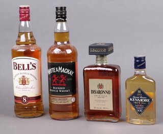 A litre bottle of Bell's blended Scotch whisky aged 8 years, a litre bottle of Whyte & Mackay triple matured blended whisky, a 20cl bottle of Kenmore aged 5 years blended whisky and a 500ml bottle of Disaronno 